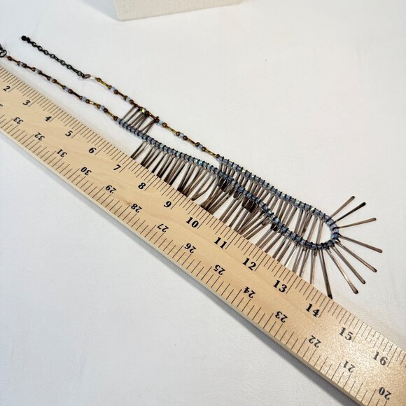 Cleopatra Fringe Necklace Silver Tone Blue Beads Long Length Statement - Picture 4 of 8